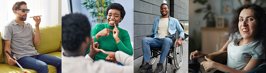 Black man and women talking via sign language; White teenage girl with Downs Syndrome using a laptop commuter; Black man in a wheelchair moving down a ramp; White middle-aged woman in wheelchair with hand controls.