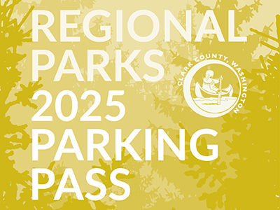 Illustration of fir trees rendered in shades of golden yellow and overlay of type: REGIONAL PARKS 2025 PARKING PASS