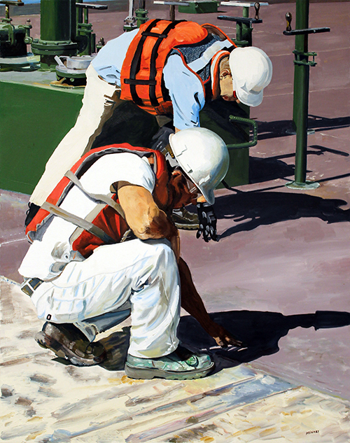 Painting of two male construction workers leaning over, looking at surface of a rooftop.