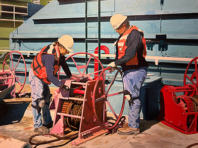 Painting by Christopher Mooney of two male construction workers winding up a rope on the job site.