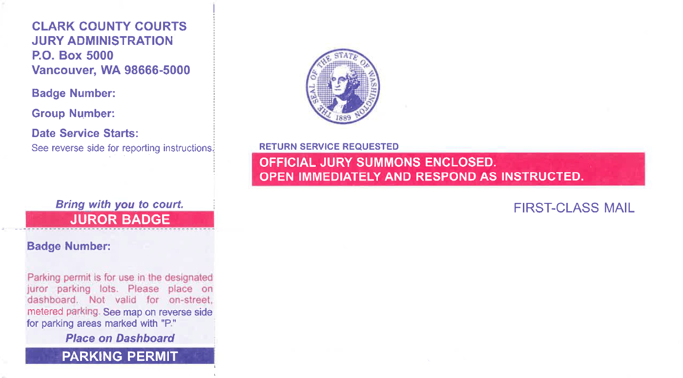 This is an example of the former jury summons that was sent to Clark County citizens. This legacy summons is being phased out starting the week of March 31, 2025. This legacy summons is identifiable by the George Washington seal at the top of the summons in the middle. The legacy summons also has a badge and parking permit and uses the color red and blue.